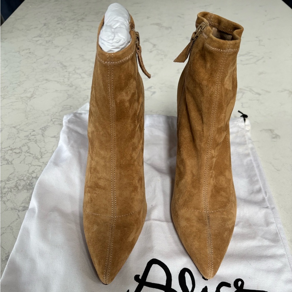 Alice + Olivia Camel Suede Heeled Boots - Picture 2 of 5